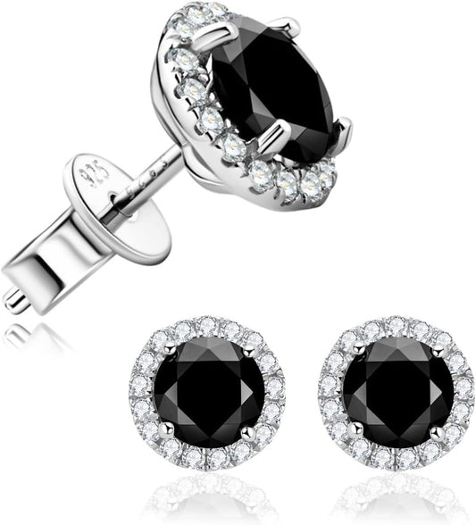 Black Stud Earrings for Men Women,14K White Gold Plated Sterling Silver Earring,0.5-1.0ct