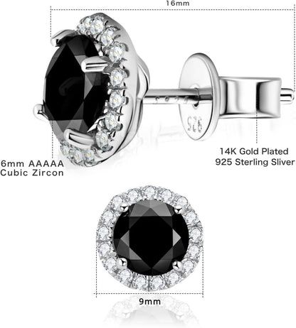 Black Stud Earrings for Men Women,14K White Gold Plated Sterling Silver Earring,0.5-1.0ct