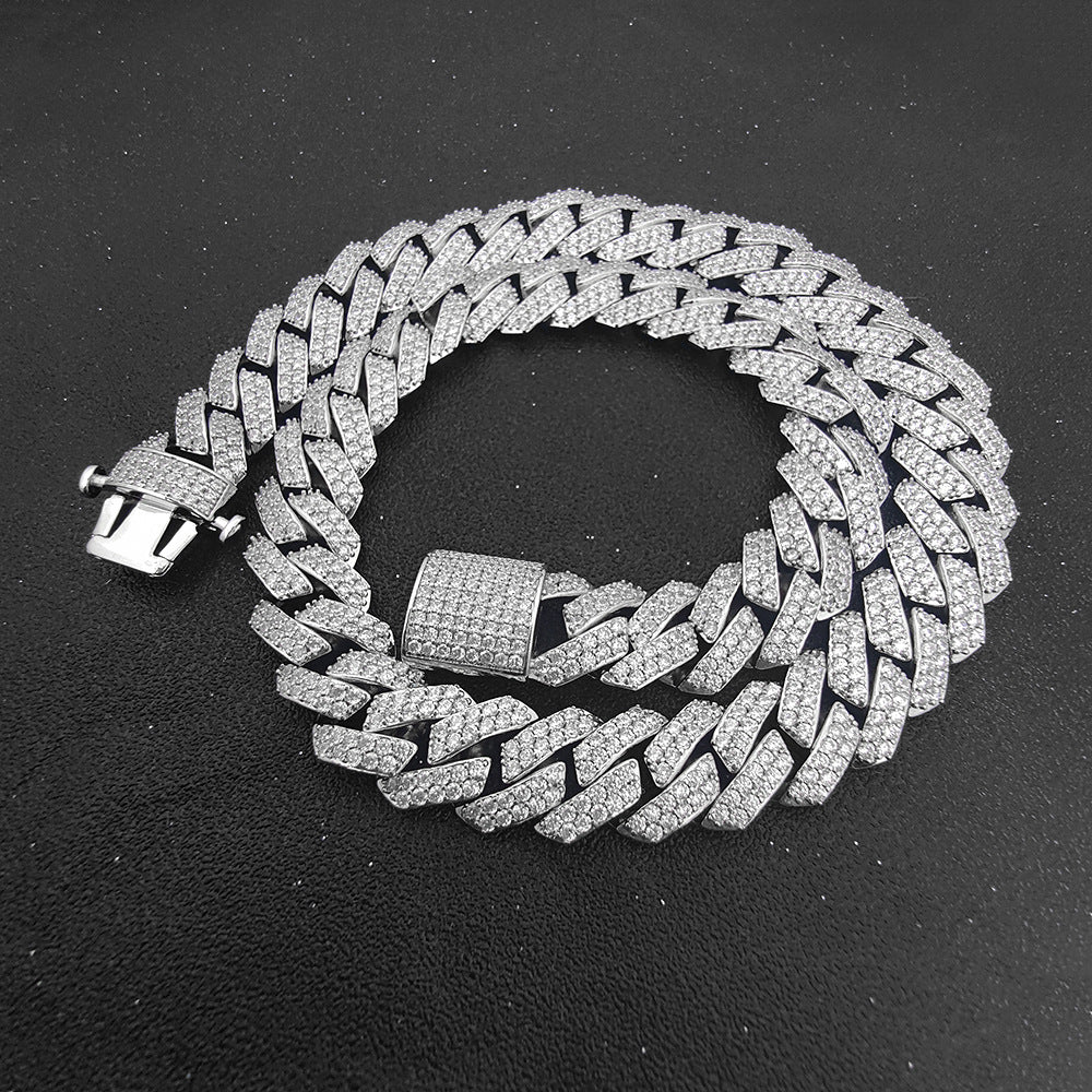 Hip Hop Men's Necklace 15mm Double Row Zircon Rhombus Cuban Chain Jewelry