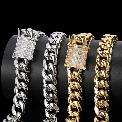 Hip-Hop Jewelry 15mm Zircon Three-Row Cuban Chain Necklace