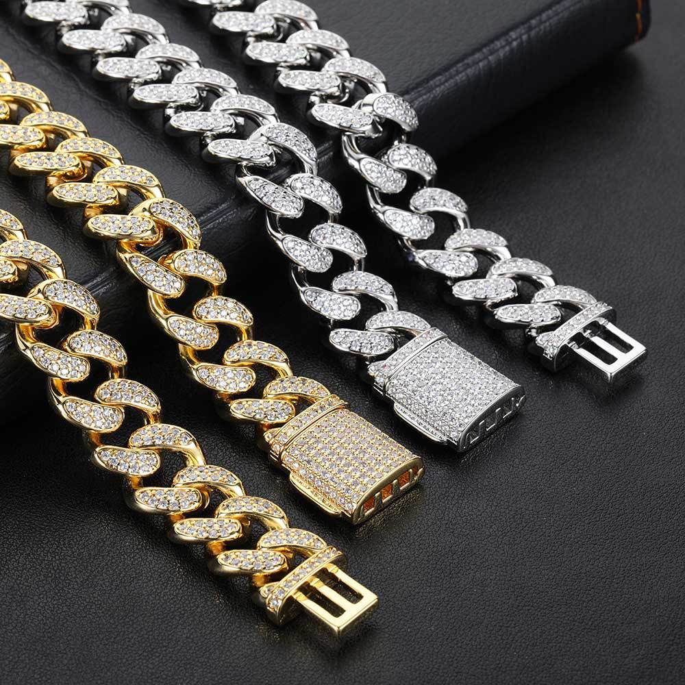 Hip Hop Jewelry Men's Necklace 15mm Double Row Full Diamond Cuban Necklace/Bracelet