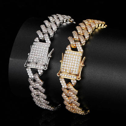 Hip Hop Men's Cuban Chain Necklace 12mm Double Row Zircon Rhombus Bracelet Jewelry
