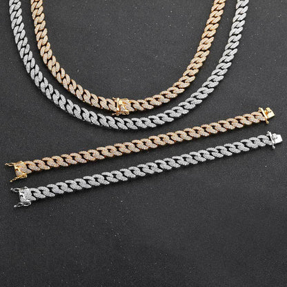 Hip Hop Men‘s Necklace Double Row Zircon Cuban Necklace 9mm Jewelry