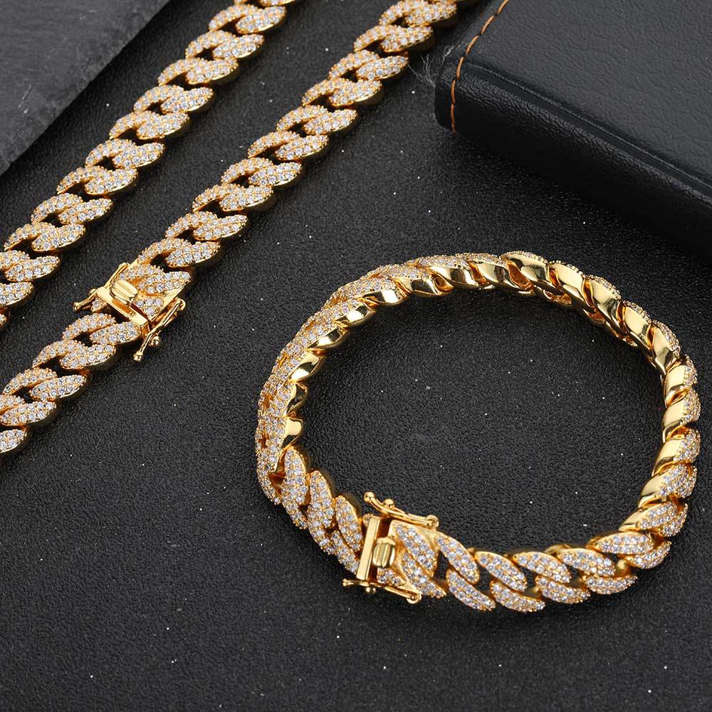 Hip Hop Men‘s Necklace Double Row Zircon Cuban Necklace 9mm Jewelry