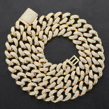 Hip Hop Jewelry Men's Necklace 15mm Double Row Full Diamond Cuban Necklace/Bracelet