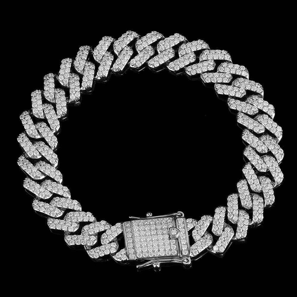 Hip Hop Men's Cuban Chain Necklace 12mm Double Row Zircon Rhombus Bracelet Jewelry