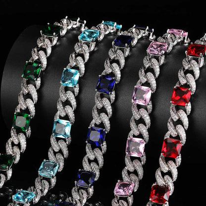 Hip Hop 9 Pieces 12mm Colored Gemstone Jewelry Cuban Chain Necklace