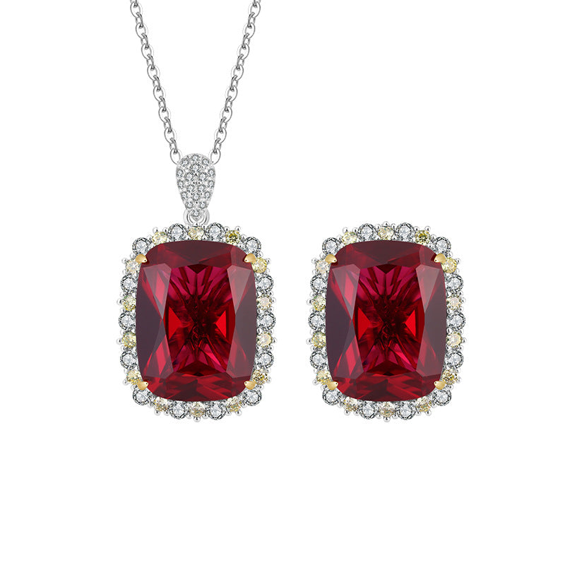 Women S925 Silver Zircon Square Ruby Pendant Necklace Ring Set