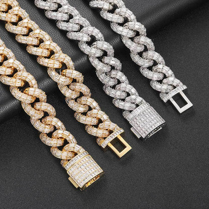 Hip Hop Men's Necklace Buckle 3 Rows Cubic Zirconia Cuban Chain Bracelet 15mm 21mm Fashion Jewelry