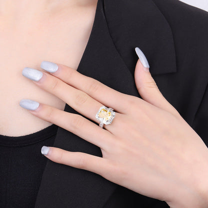 Women Rings S925 Silver Cubic Zirconia Yellow Diamond Rectangular Ring Main Stone 8mm*10mm
