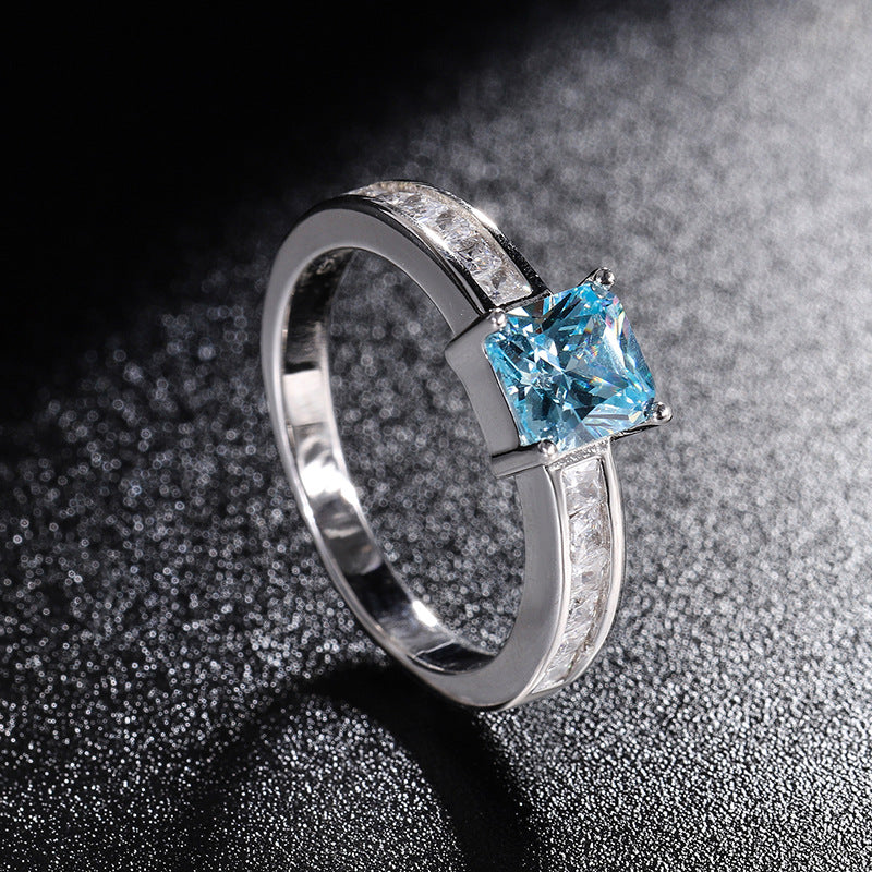 S925 Silver Women's Rings Blue Emerald Cube 2 Carat Simple Zircon Ring