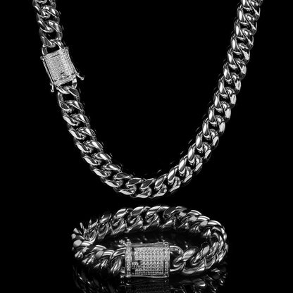 Hip Hop Men's Necklace Titanium Steel 12mm Zircon Spring Buckle Cuban Chain
