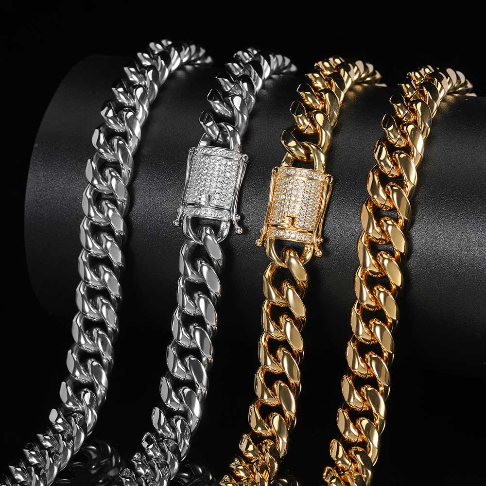 Hip Hop Men's Necklace Titanium Steel 12mm Zircon Spring Buckle Cuban Chain