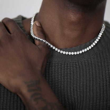 Hip Hop Men's Buckle Stainless Steel Single-Row Diamond Tennis Necklace Jewelry 4mm