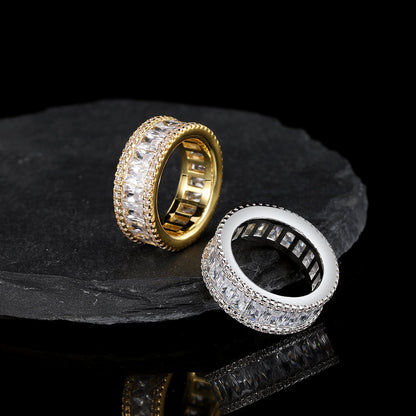 Hip Hop Men's Ring Three Rows Cubic Zircon Golden Ring Jewelry