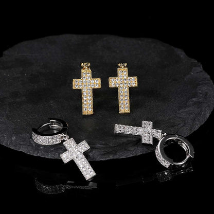 Hip Hop Women Earrings Zircon Cross Earring Double-Row Full Diamond